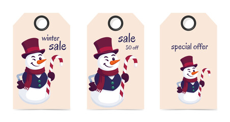 Set of Discount Coupons, Snowman Vector Illustration