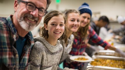 Family volunteering together at holiday soup kitchen serving meals showcasing authentic bonding compassion and festive generosity concept of community service togetherness.
