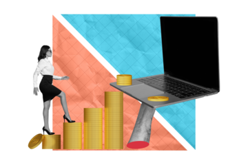 Composite photo collage of serious businesswoman walk coin stack income hand hold macbook device freelance isolated on painted background
