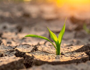 Conceptual photo of cracked dry soil with a single green millet sapling emerging at golden hour