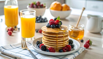 Stacked pancakes with berries and honey