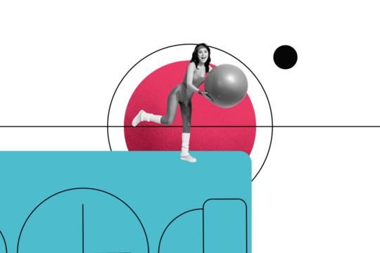 Composite photo collage of happy sportswoman wear pinup sport uniform hold fitness ball pilates coach isolated on painted background