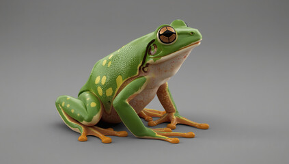Green Robotic Frog With Large Golden Eyes Viewed From The Side