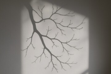Decorative dry branch casting a beautiful shadow on a white wall, creating an artistic and minimalist home decor