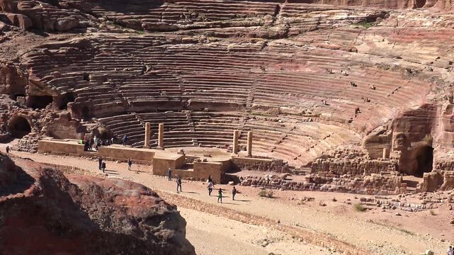 Elevated view of the Theater of the Columns, a rock-cut engineering feat in the Nabataean city of Petra, Jordan.