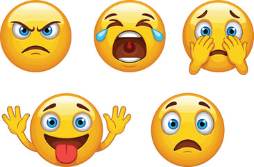 Cartoon emoji faces with angry, crying, scared, shocked, crazy tongue out expressions, funny emoticon characters, digital artwork, emotional illustration, design