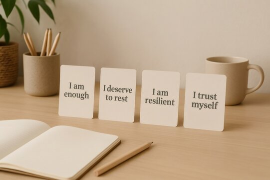 Four affirmation cards displaying empowering messages like I am enough, I deserve to rest, I am resilient, and I trust myself stand on a wooden desk, promoting self care and mental wellness