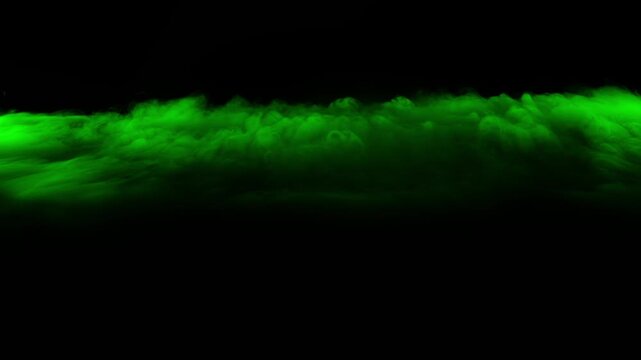 Cinematic flight over thick, rolling green clouds or toxic fog, unnatural landscape for sci-fi, fantasy, or magical scenes