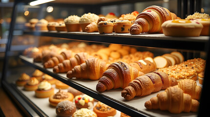 A diverse selection of pastries and croissants beautifully displayed in a bakery case, showcasing tempting treats.