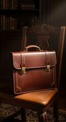 Leather Briefcase on Wooden Chair in Library Setting.