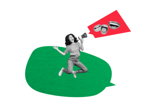 Composite trend artwork sketch image collage of fragment arrow way point speech cloud chat message young lady proclaim loudspeaker mouth