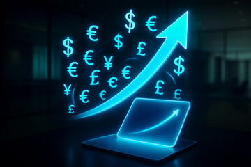 Financial growth concept with arrow and currency symbols on laptop