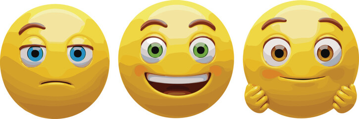 Cartoon emoji faces with bored expression, happy smiling character, shy cute emoji holding hands, digital illustration, fun comic design art