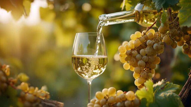 Stunning view of pouring white wine into glass goblet with fresh grape bunch background, sun light breaks through vineyard.