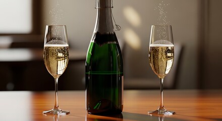 Champagne Celebration - A Bottle and Two Glasses on a Wooden Table.