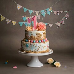 Festive birthday cake with lit candles and colorful sprinkles isolated on transparent background