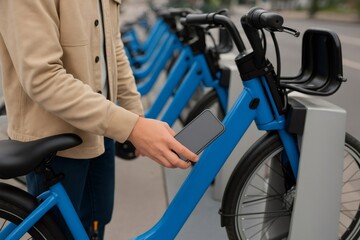 Person using a smartphone to unlock a blue electric bike from a bike sharing station, embracing urban mobility and sustainable transportation