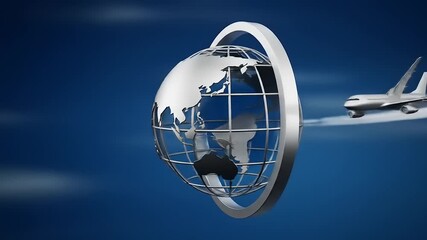 Modern airplane flying around a metallic globe symbolizing global travel and connectivity in blue sky - Powered by Adobe