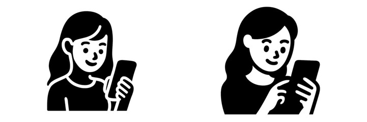 Minimalist black and white icon set of a young woman using a smartphone for social media, messaging, and online communication