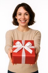 Happy woman holding a red gift box with white ribbon, offering a present with a cheerful smile on white background