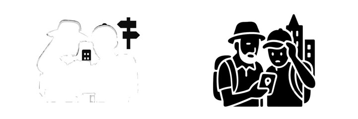 Two tourists navigating a city using a smartphone map application black glyph icon for travel and exploration