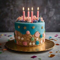 Festive birthday cake with lit candles and colorful sprinkles isolated on transparent background