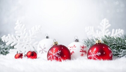 Beautiful Christmas decoration with red baubles, pine branches, and snow on a white winter background. Perfect for holiday greeting cards, seasonal banners, invitations, wrapping paper.
