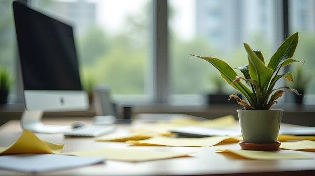 Office desk with computer, plant, and scattered yellow notes. Workplace clutter with a modern aesthetic.