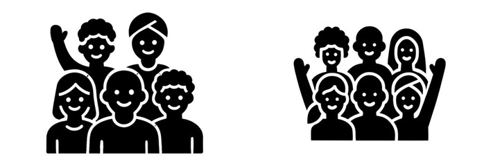 Set of diverse community icons showing a group of happy people together, simple black glyph symbol for teamwork and society