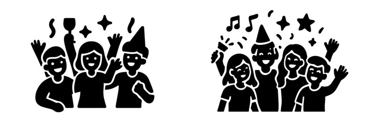 Party and celebration icon set with happy people dancing and cheering at a festival or concert event glyph style black and white design elements