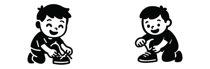 Set of two black and white icons showing a cute cartoon boy learning to tie his shoelaces, a simple graphic representing childhood development and independence