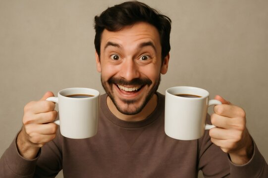 Cheerful man with a mustache holds two mugs of coffee, smiling enthusiastically, enjoying his caffeine boost