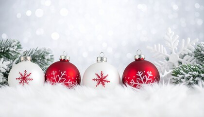 Beautiful Christmas decoration with red baubles, pine branches, and snow on a white winter background. Perfect for holiday greeting cards, seasonal banners, invitations, wrapping paper.
