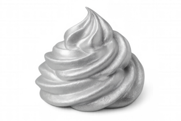 Metallic silver whipped cream swirling against a transparent background, creating a luxurious and festive culinary image
