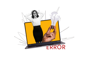 Composite photo collage of astonished girl hold head crashed light bulb trojan virus hacking it programmer isolated on painted background