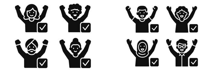 Diverse group of people celebrating success with checkmark icons set for voting and approval concepts on a white background