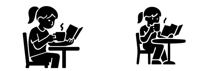 Simple black glyph icon set of a person reading a book while drinking a hot beverage. Silhouette of a girl sitting at a table with a coffee mug and a novel