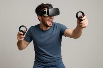 Young man wearing a virtual reality headset and holding controllers, fully immersed in an exciting video game experience and enjoying leisure time