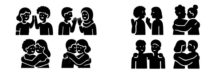 A set of black glyph icons showing diverse friends and couples communicating, hugging, and supporting each other in various friendly interactions
