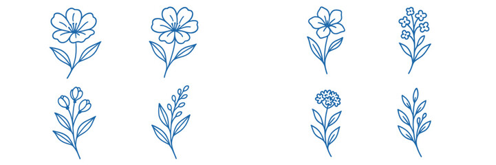 Hand-drawn minimalist floral icons in blue line art style with various flowers and leaves for botanical design