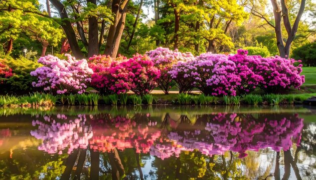 Colorful azaleas by a pond in a park at dawn