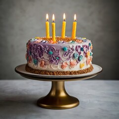 Festive birthday cake with lit candles and colorful sprinkles isolated on transparent background