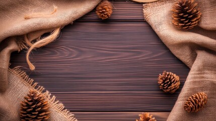 Rustic autumn decor with pine cones and burlap on wooden surface