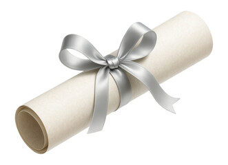 Diploma rolled and tied with a silver ribbon