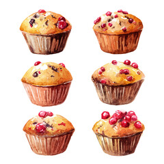EPS painting design, Vector illustration set, My Watercolor illustration, cranberry muffins painting isolated on a white background