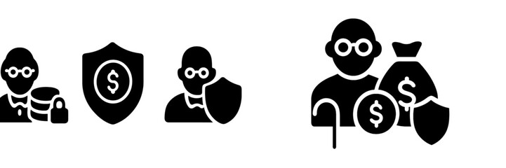 Icon set representing retirement savings, pension fund security, and financial planning for elderly wealth protection