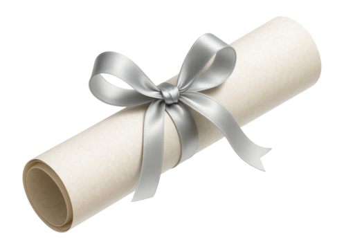 Diploma rolled and tied with a silver ribbon