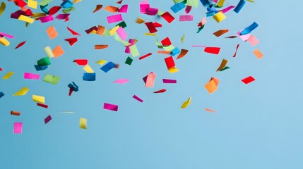 Colorful confetti falling dynamically against a solid blue background, conveying a sense of joyful celebration.