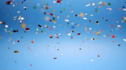 Colorful confetti falling dynamically against a solid blue background, conveying a sense of joyful celebration.