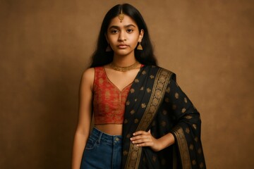Indian teenager showcases fusion fashion, blending traditional attire with modern jeans, exuding confidence in a studio setting